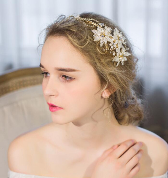 Generous Beaded Flower Bridal Tiara Crown Pearls Wedding Hair Jewelry Accessories Gold Headband Women Tiaras Handmade