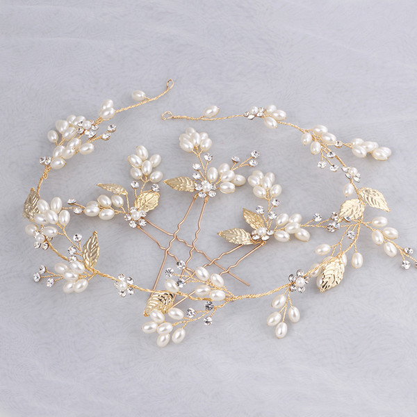 Hot sale Gold Leaf Pearls Hair Vine Bridal Headband Fashion Wedding Hair Jewelry Accessories Women Headwear Tiara