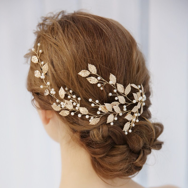 Boho Gold Leaf Women Hair Vine Bridal Headband Pearls Hair Jewelry Wedding Crown Accessories Handmade