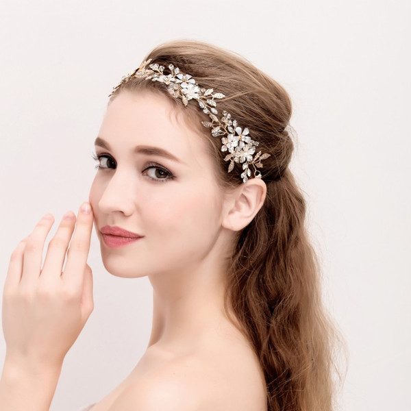 2018 Vintage Gold Leaf Headband Bridal Hair Vine Accessories Pearl Wedding Hair Jewelry Headbands Women Headwear