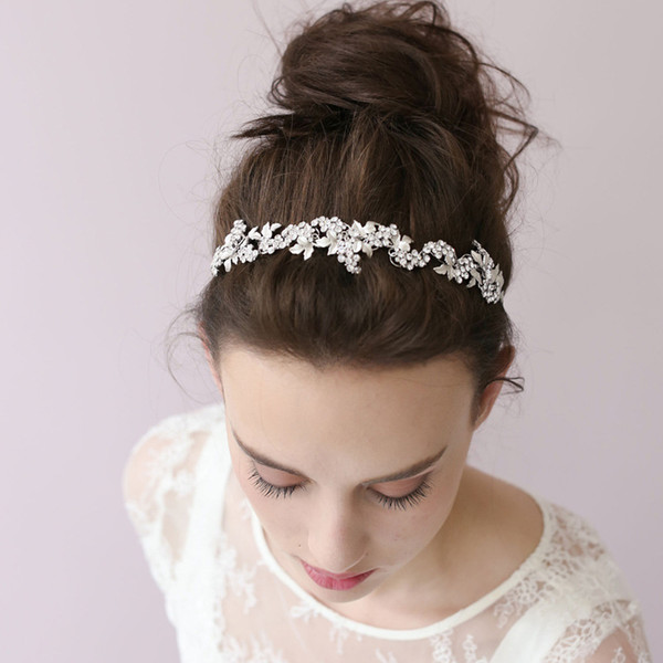 Fashion White Leaf Rhinestone Floral Bridal Crown Hair Vine Hand wired Wedding Tiara Headband Women Hair Accessories Jewelry