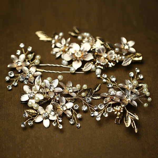 Charming Gold Floral Women Prom Hairpins Wedding Accessories Pearl Hair Jewelry Handmade Bridal Clip Pins Set Headpiece