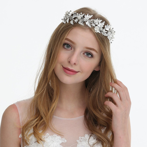 2019 Silver Color Leaf Wedding Tiara Headband Rhinestone Bridal Hair Crown Accessories Women Prom Headpiece Jewelry