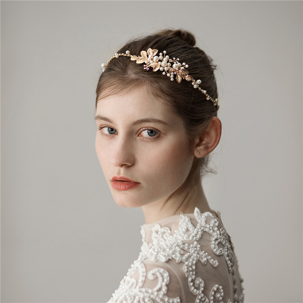 Boho Headpiece Women Headchain Gold Leaf Pearls Bridal Headband Tiara Hand wired Wedding Hair Vine Jewelry