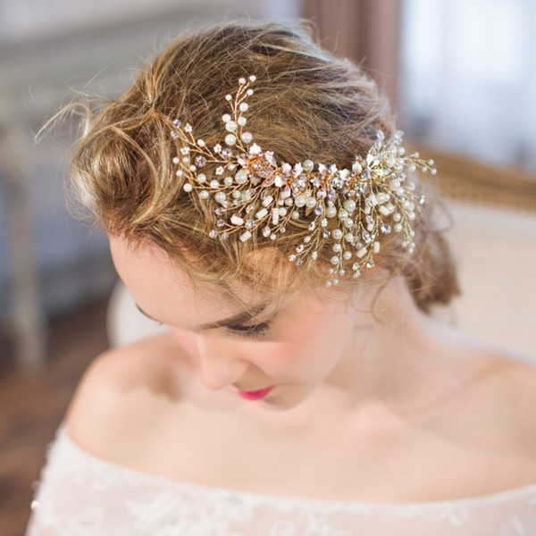 Boho Bridal Gold Leaf Hair Clip Comb Pearls Wedding Hair Vine Accessories Women Party Prom Headpiece Jewelry