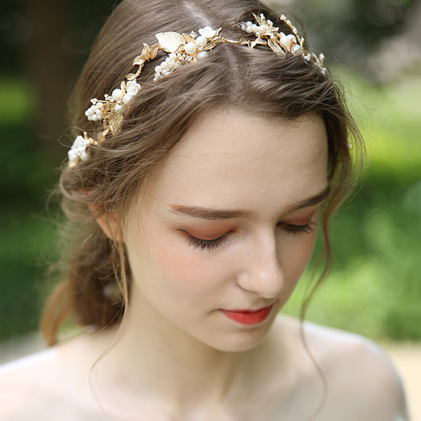 Women Hair Jewelry Boho Gold Leaf Headpiece For Bridal Pearls Wedding Headband Hair Vine Handmade Accessories