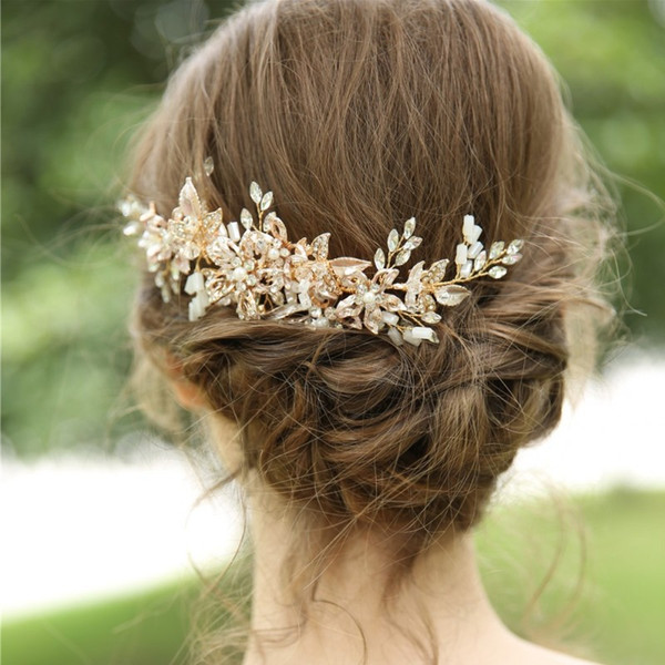 Gold Floral Leaf Hair Comb for Bridal Women Headpiece Handmade Prom Party Wedding Hair Oranment Accessories