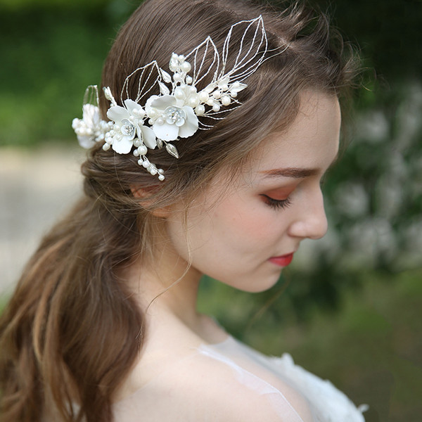 Generous Pearls Bridal Tiara Hair Crown Silver Leaf Floral Women Hairband Handmade Wedding Prom Hair Accessories