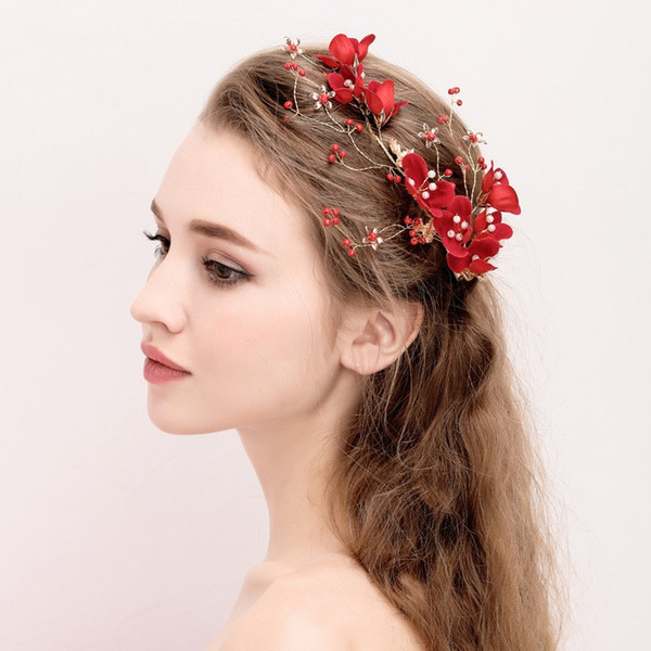 Red Floral Hair Clip Bridal Hair Comb Vintage Wedding Accessories Handmade Women Party Prom Jewelry Headpiece