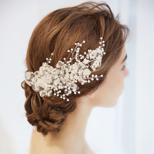 Charming Lace Flower Bridal Barrettes Hair Clip Pearls Wedding Hair Comb Jewelry Handmade Women Accessories Headpiece