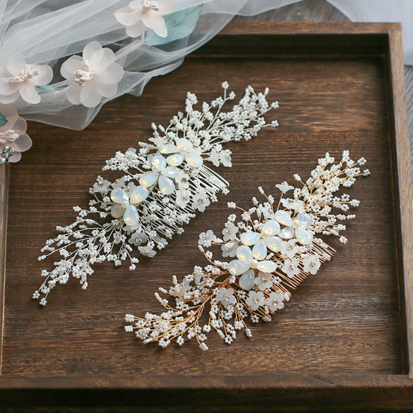 Gold Silver Floral Hair Comb For Bride Tiny Beaded Wedding Hair Jewelry Accessories Hand wired Bridal Headpiece