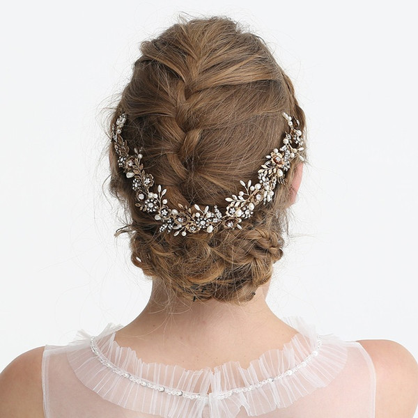 2019 Antique Gold Flower Bridal Headpiece Leaf Headband Wedding Tiara Hair Vine Accessories Handmade Women Hair Jewelry