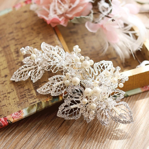 Generous Silver Leaf Crown Wedding Hair Clip Pearls Jewelry Bridal Comb Hair Accessories Women Prom Headpiece