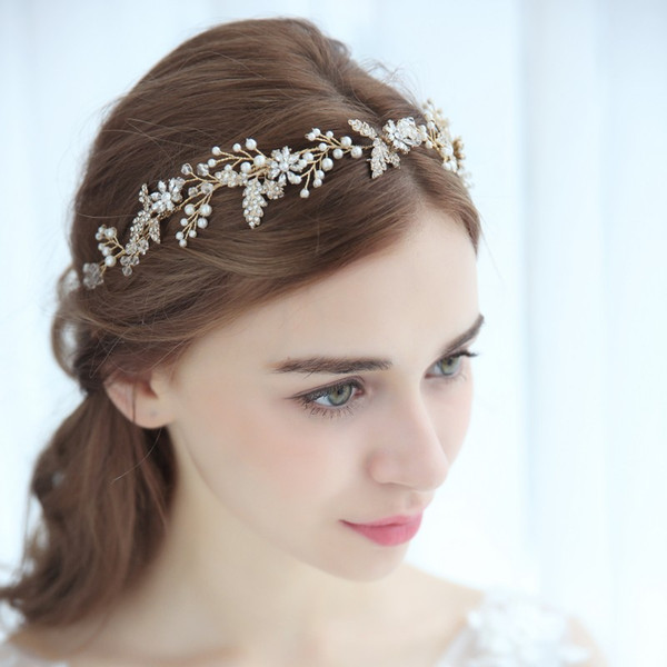 2018 Crystal Flower Wedding Headband Tiara Hair Crown Gold Leaf Women Headpiece Pearls Jewelry Bridal Hair Accessories