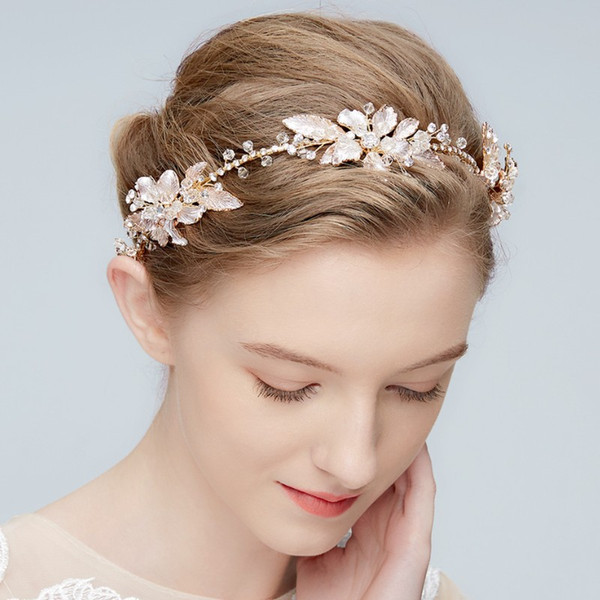 Boho Crystal Bridal Headband Tiara Gold Leaf Wedding Hair Crown Accessories Women Hair Ornaments Piece