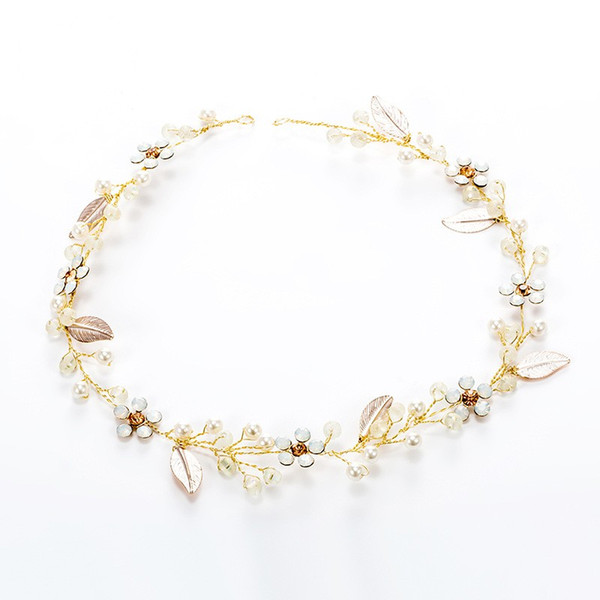 Bridal Floral Hair Vine Headband Gold Leaf Headpiece Handmade Wedding Hair Wreath Accessories Pearls Women Jewelry