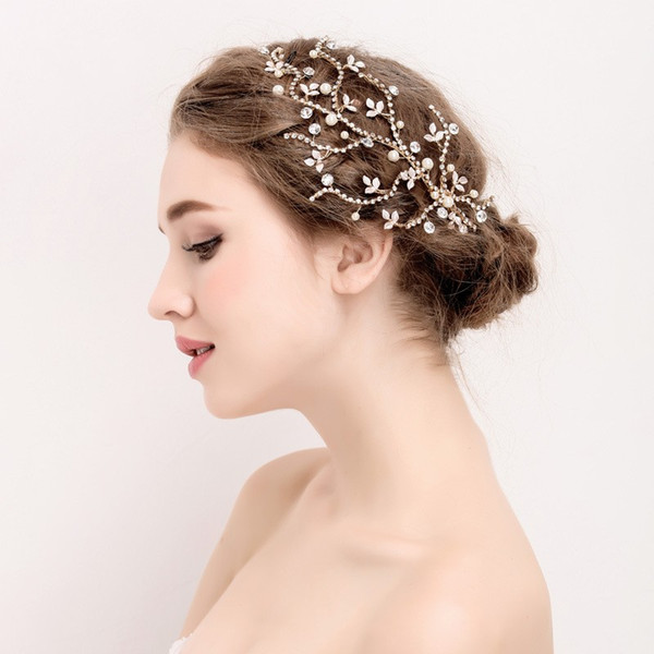 Boho Gold Rhinestone Wedding Hair Vine Piece Hand wired Bridal Pearls Hair Accessories Comb Women Headwear