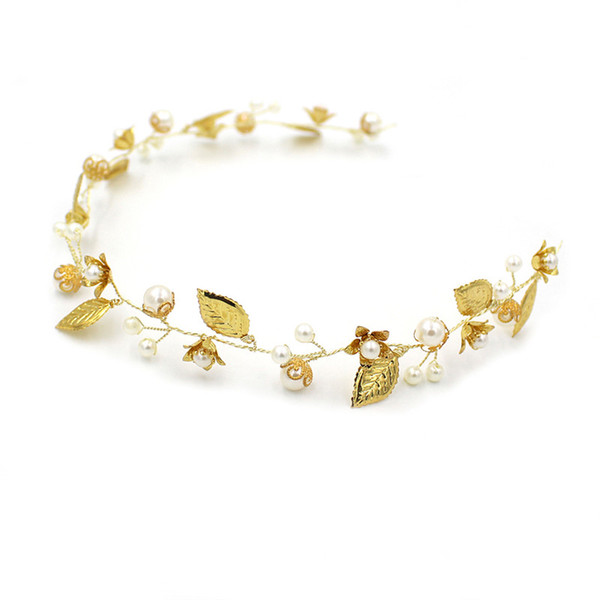 Boho Gold Leaf Floral Crown Bridal Headband Wedding Hair Vine Accessories Pearls Headpiece Women Hair Jewelry