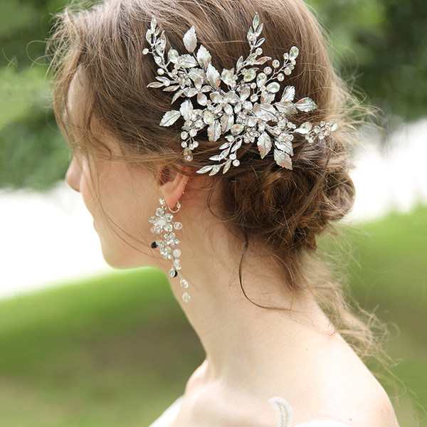 Rhodium Plated Leaf Floral Women Headpiece Hand wired Wedding Hair Clip Comb Bridal Hair Ornament Accessories