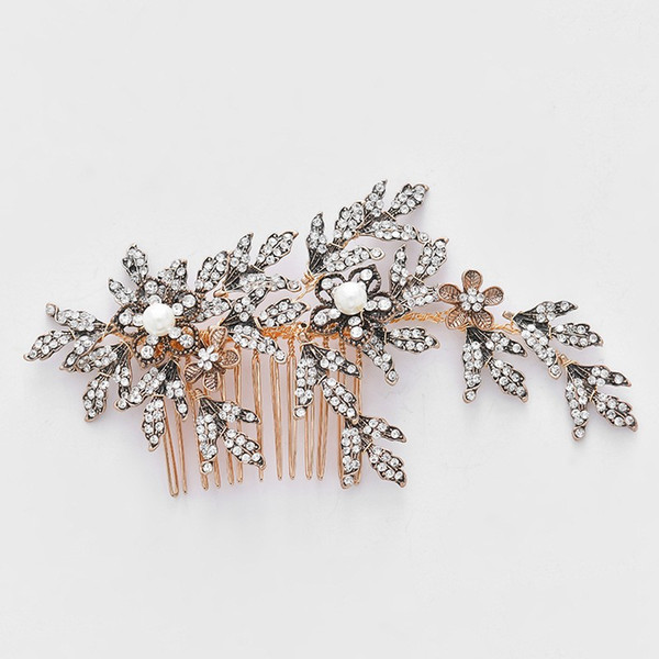 Ancient Gold Color Leaf Hair Comb For Bride Handmade Rhinestone Hair Jewelry Wedding Hair Accessories Women Headpiece