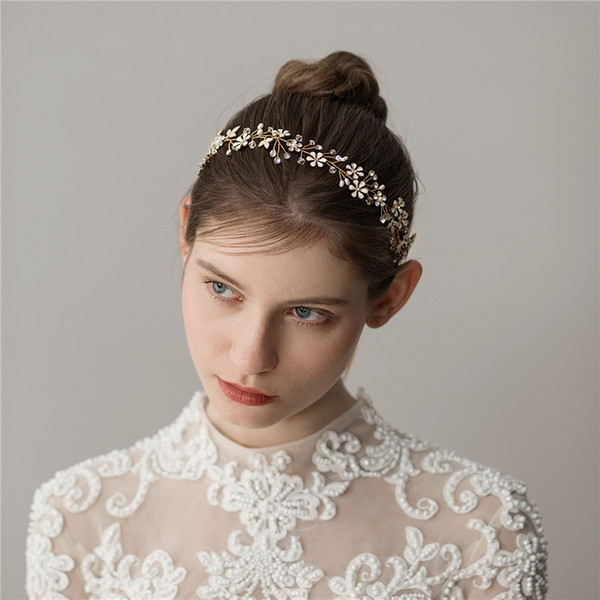 Delicate Bridal Hair Jewelry Headband Gold Flower Crystal Wedding Tiara Hair Vine Accessories Handmade Women Headpiece