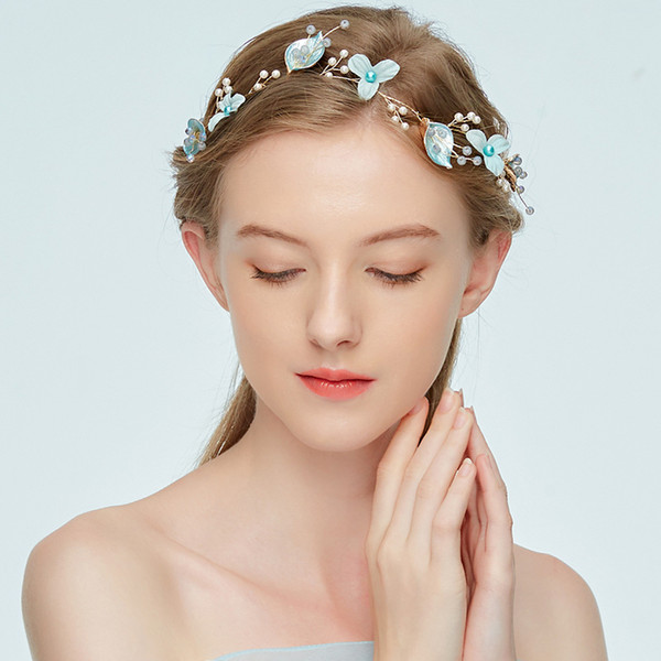 Light Blue Flower Women Prom Headpiece Bridal Hair Vine Headband Tiara Pearls Wedding Hair Jewelry Accessories