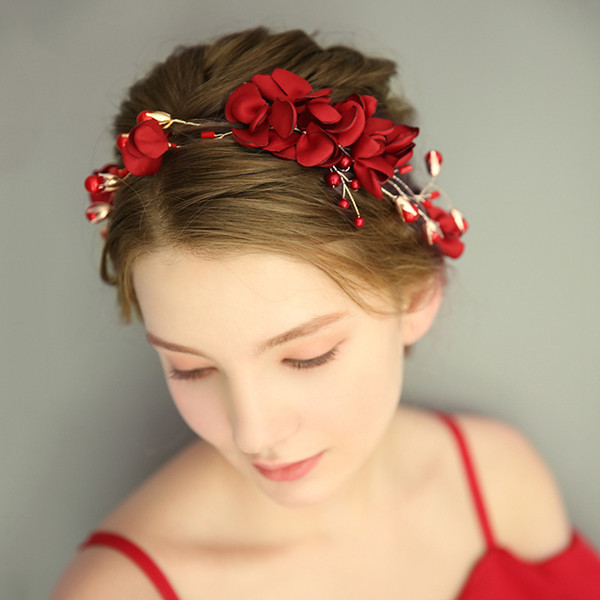 Handmade Red Flower Women Wedding Prom Hair Crown Accessories Bridal Headband Hair Wreath Bridesmaid Headpiece Jewelry