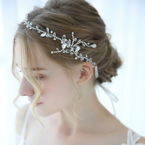 Hand wired Bridal Headpiece Headband Silver Rhinestone Women Head Chain Crystal Wedding Hair Vine Tiara Accessories