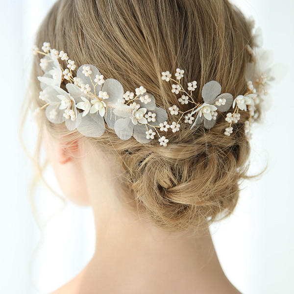 Fashion Bridal Hair Comb Pearls Jewelry Gold Floral Women Headpiece Hand Wired Wedding Hair Accessories Ornament