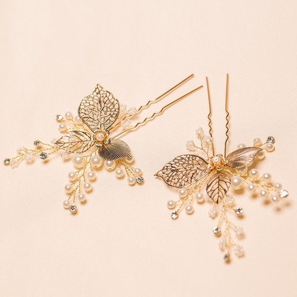 Vintage Gold Leaf Pearls Hair Jewelry Bridal Pins Flower Wedding Headwear Hair Ornaments Accessories Pin Handmade