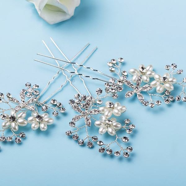 Silver Rhinestone Women Headpiece Pearls Wedding Hair Pins Flower bridal Hairpins Birdesmaid Accessories