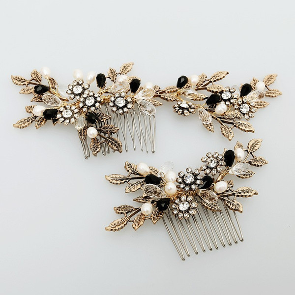 Vintage Gold Leaf Flower Hair Comb Pearl Bridal Hair Jewelry Handmade Wedding Accessories Combs Women Headwear