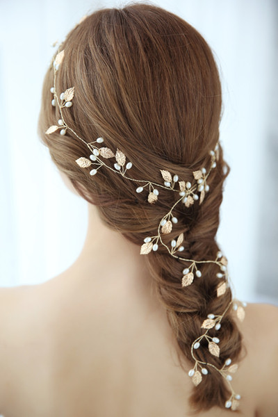 Boho Gold Leaf Bridal Long Hair Vine Wedding Headband Pearls Hair Jewelry Handmade Women Prom Headpiece Accessories