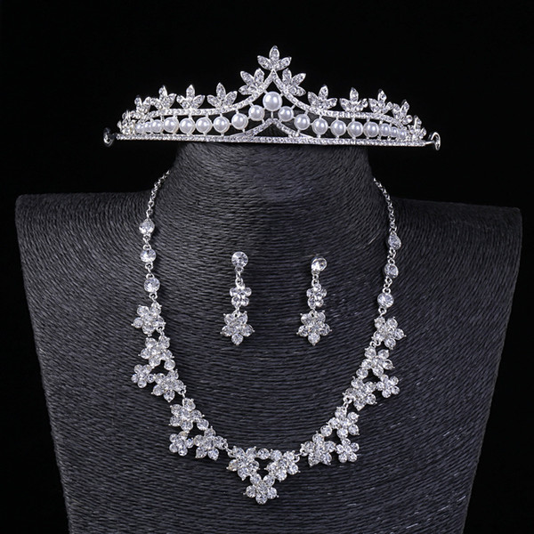 Bling Bling Cheap Bridal Jewelry Set Three Piece Crown Earring Necklace Jewelry Wedding Party Accessories For Female