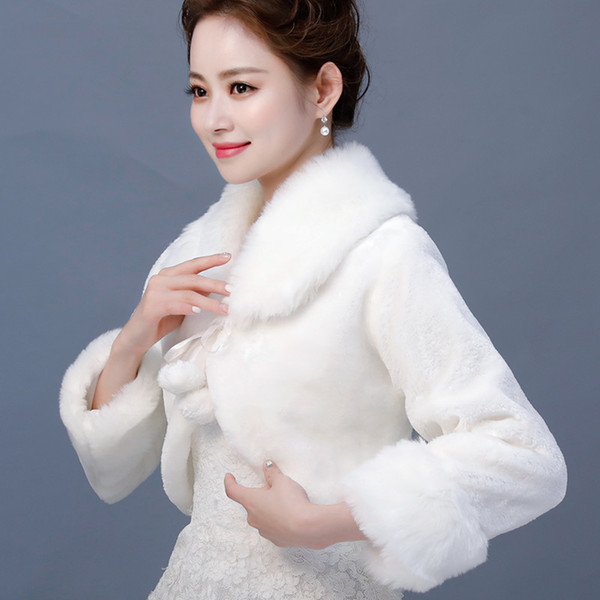 New Arrival Bridal Wraps Faux Fur Shawl Jacket For Wedding Prom Ivory Winter Warm Bridesmaid Bolero Hot Sale Long Sleeves Fur Wraps