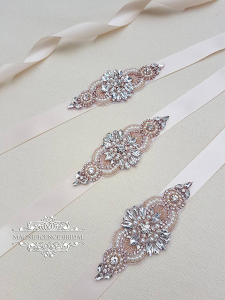 Handmade Rose Gold Rhinestones Appliques Wedding Belt Clear Crystal Sewing on Bridal Sashes Wedding Dresses Sashes Bridal Accessories T27