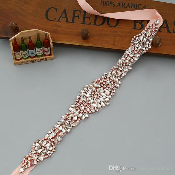 2018 Handmade Rose Gold Rhinestones Appliques Wedding Belt Clear Crystal Sewing on Bridal Sashes Wedding Dresses Sashes Bridal Accessories