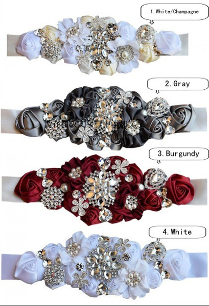 2019 New Wedding Sashed Belt Silk Satin Handmade Flowers With Sparkly Crystal Beaded Sequin Cheap Burgundy Champagne Bridal Sash Belt White