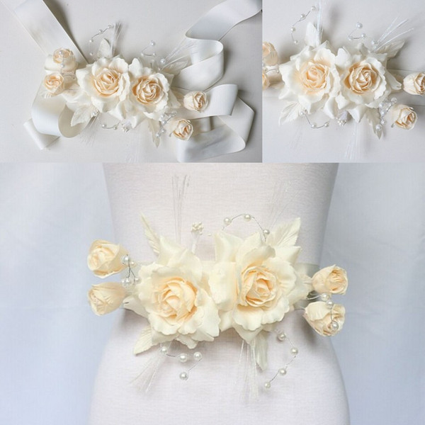 Real Picture Artificial Flowers Hand Made Wedding Belts Bridal Sashes Silk Satin Ribbon Sashes With Pearls Romantic Yellow Floral Free Shipp