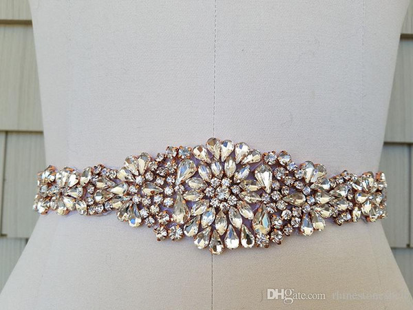 Handmade Rose Gold Rhinestones Appliques Wedding Belt Clear Crystal Sewing on Bridal Sashes Wedding Dresses Sashes Bridal Accessories