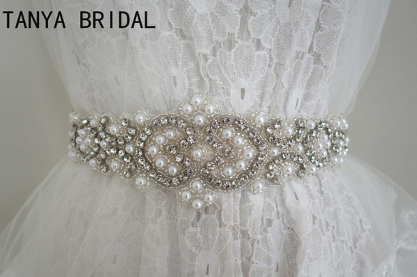 Real Image Beaded Pearls Wedding Sashes Bridal Dress Luxury Rhinestone White Ribbon Weddings Belts Accessories 100% hand-made XQ2