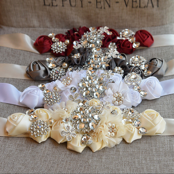 Luxury Bridal Belt For Bride Rhinestone Crystals Wedding Sashes Belt 100% Handmade Flowers Roses Burgundy White Ivory Bridal Sashes