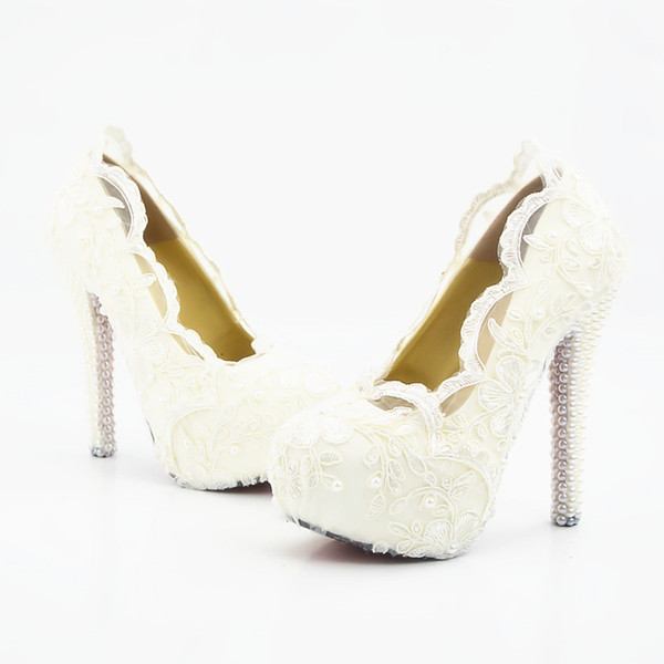 White flower lace waterproof platform high-heeled diamond dress women's wedding shoes