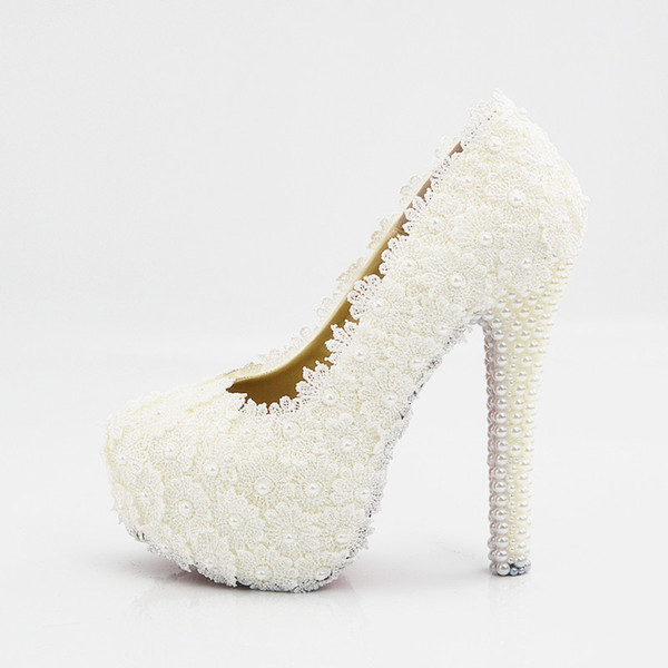 White flower lace waterproof platform high-heeled pearl dress wedding shoes