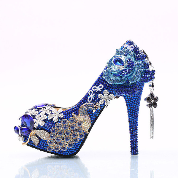 Diamond-studded blue crystal high-heeled waterproof table with thin women's shoes