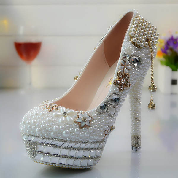 Diamond pearl white tassel love waterproof table high-heeled wedding shoes