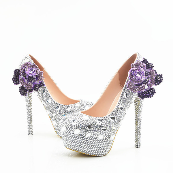 Purple rhinestone with high heel waterproof table bride wedding shoes