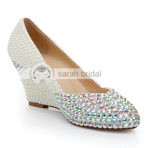 Custom Wedding Shoes With Rhinestone Pearls Round Toe Wedge Heel Leather Fashion Ivory Woman's Party Prom Shoes For Bridal LSDN1130