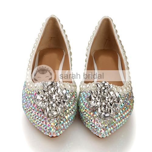 New Custom Wedding Shoes With Crystals Rhinestones Pearls Pointed Toe Flats Leather Woman Party Prom Shoes For Bridal Hot Sale LSDN1103 