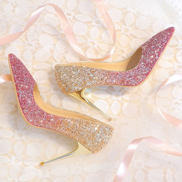 Bingling Ombre Sequined Wedding Shoes For Bride Stiletto Heel Prom Banquet High Heels Plus Size Pointed Toe 3 Colors Bridal Shoes